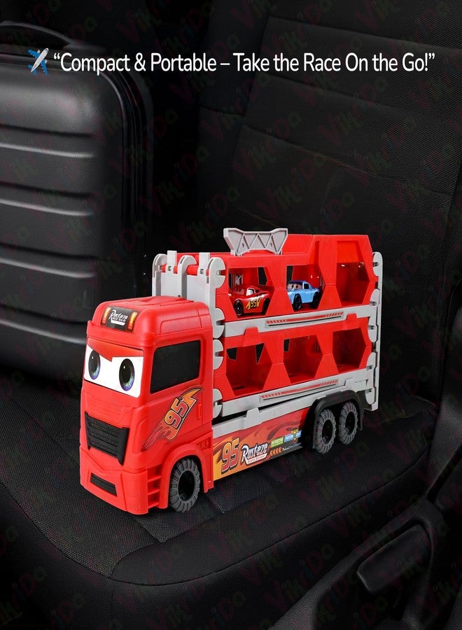 VikriDA Big Hauler Storage & Transform Transport Truck Toy | 2 Foldable Ejection Race Tracks with 2 Die-Cast Cars - Red - Image 4